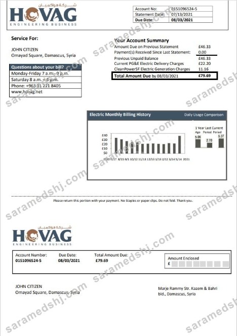 Syria HOVAG Company electricity utility bill template in Word and PDF format